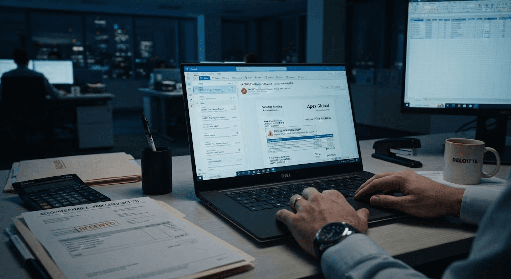 Bandeja de correo corporativo con factura electrónica apócrifa y sello de cuentas por pagar