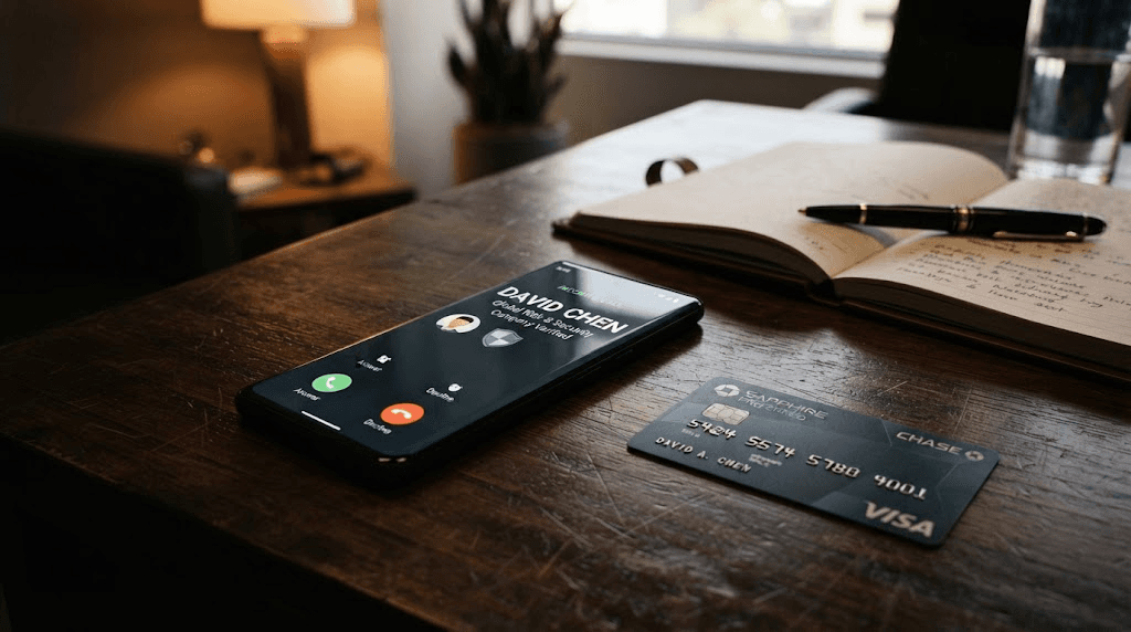 Llamada fraudulenta de falso ejecutivo bancario en smartphone junto a tarjeta bancaria