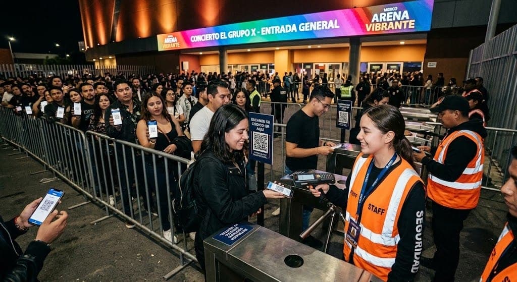 Asistente a concierto presentando boleto digital en smartphone ante lector óptico y personal de seguridad