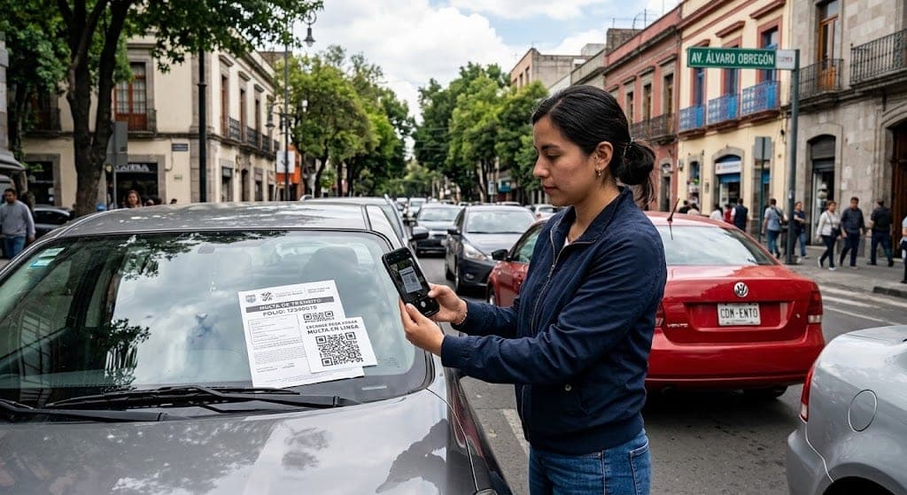 Conductora en avenida de CDMX escaneando con smartphone supuesta infracción de tránsito con código QR pegada al parabrisas de su auto