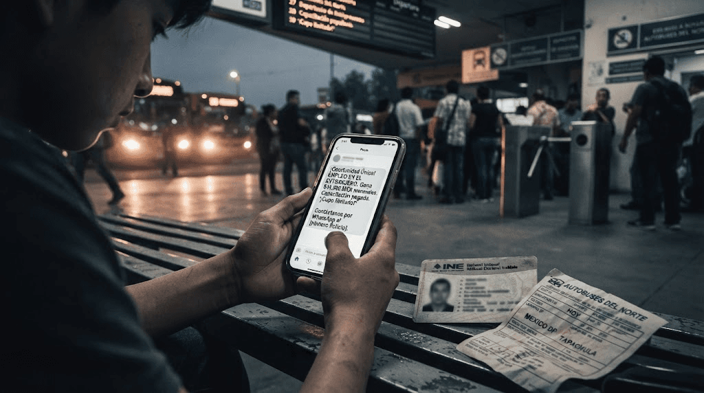 Persona en central de autobuses mirando oferta laboral falsa en smartphone junto a identificación oficial y boleto de viaje