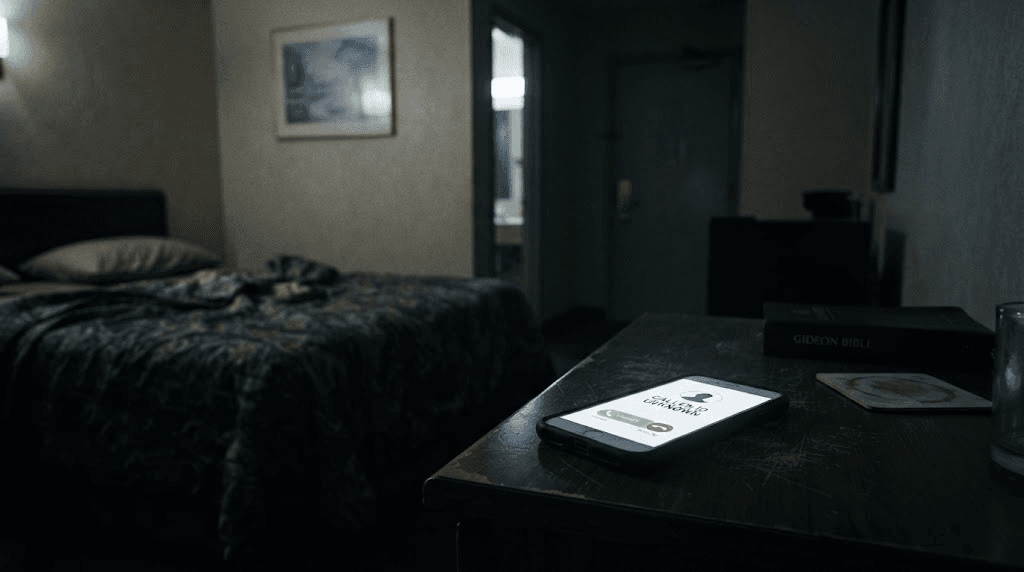 Habitación de hotel en penumbra con teléfono móvil solitario en mesa de noche con llamada entrante