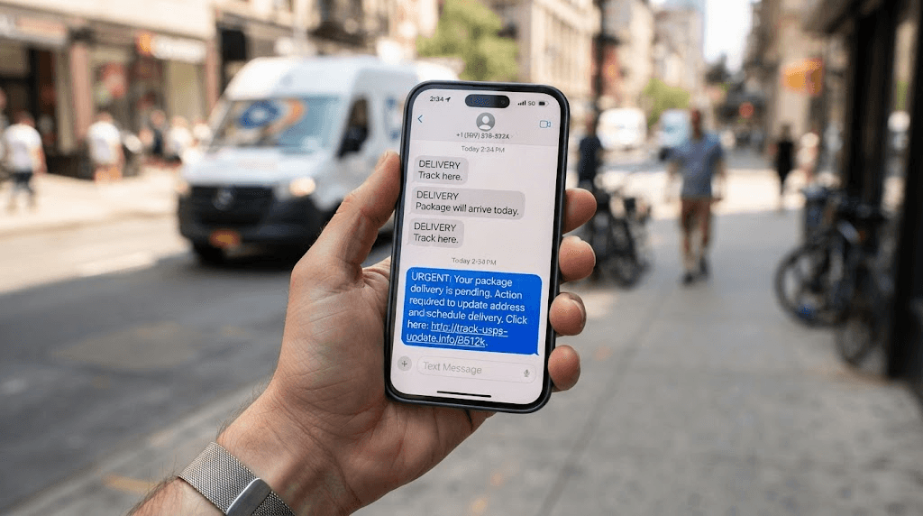 Smartphone en la vía pública mostrando un mensaje SMS fraudulento sobre un paquete pendiente