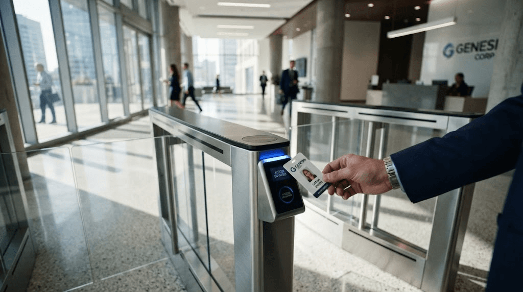 Torniquete de control de acceso corporativo con credencial RFID acercándose a lector óptico